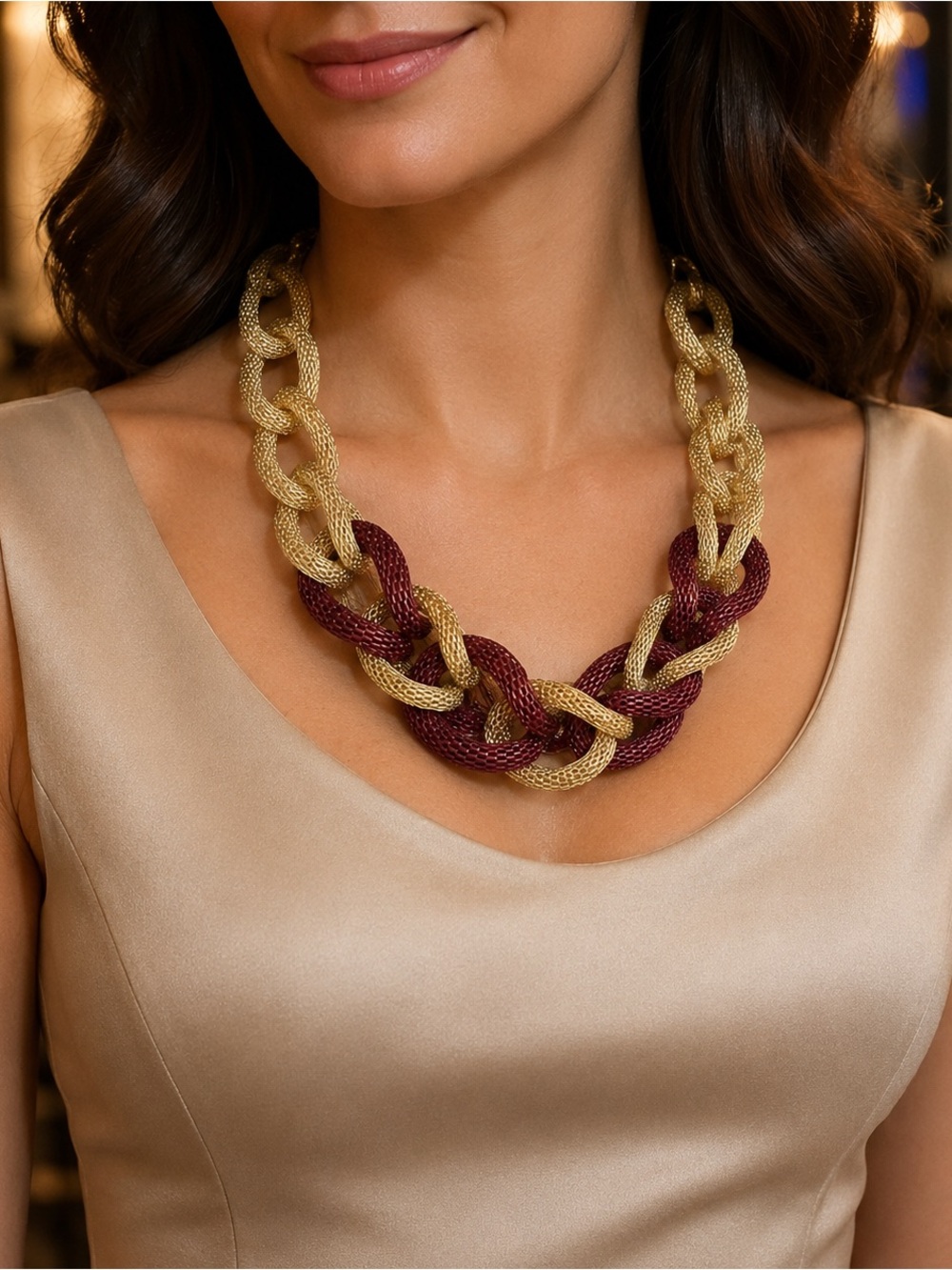 Chunky Two-Tone Gold and Burgundy Chain Statement Necklace